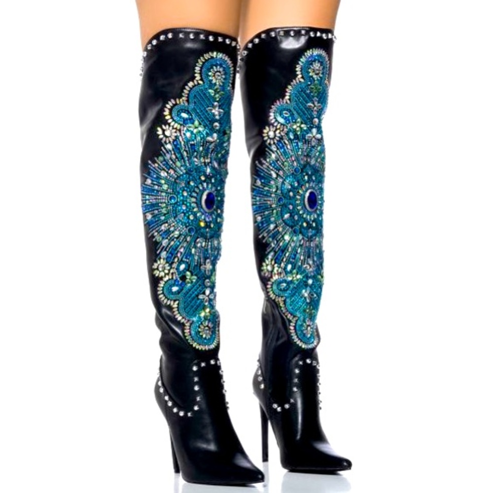AZALEA WANG Black Leather Embellished Thigh High Boots